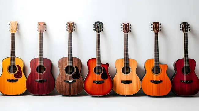 Reihe hochwertiger akustischer Gitarren in unterschiedlichen Farben