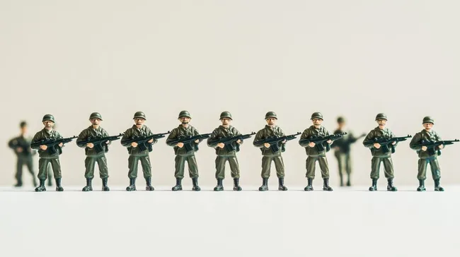 Reihe Spielzeugsoldaten in Uniform mit Gewehren