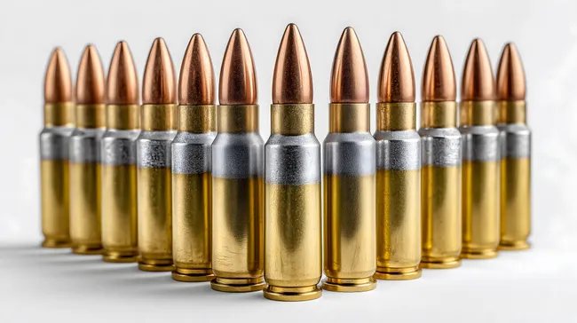 Reihe vergoldeter Patronen auf weißem Hintergrund