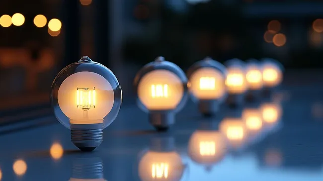 Reihe von illuminierten Glühbirnen auf spiegelnder Oberfläche