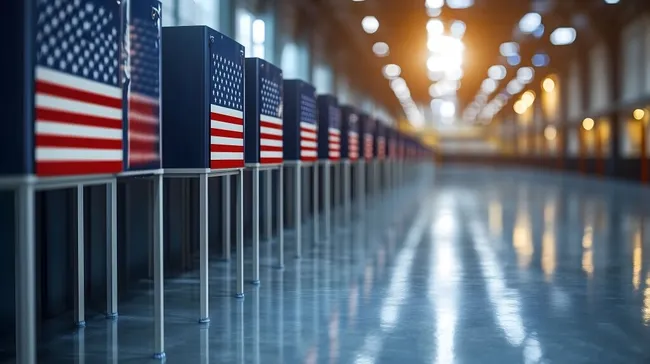 Reihe von Wahlkabinen mit amerikanischen Flaggen