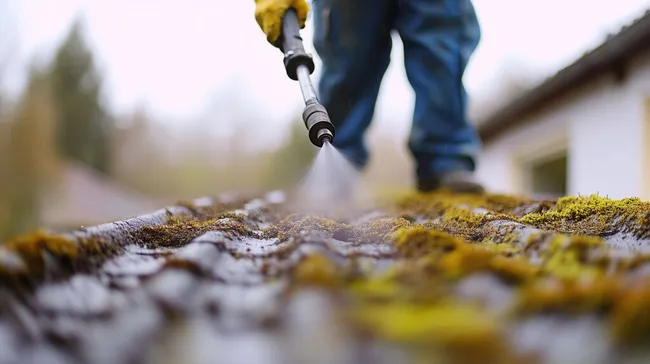 Reinigung von Dachmoosen mit Hochdruckreiniger