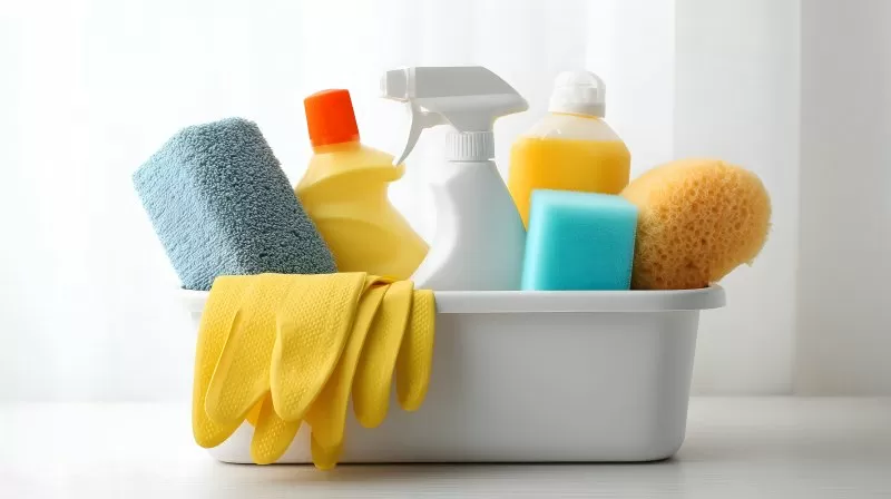 Reinigungsmittel in weißer Aufbewahrungsbox mit Schwamm und Handschuhen