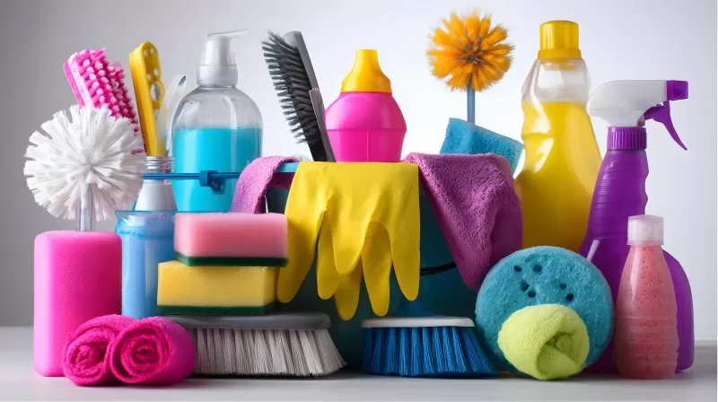 Reinigungsmittel und Zubehör vor hellem Hintergrund