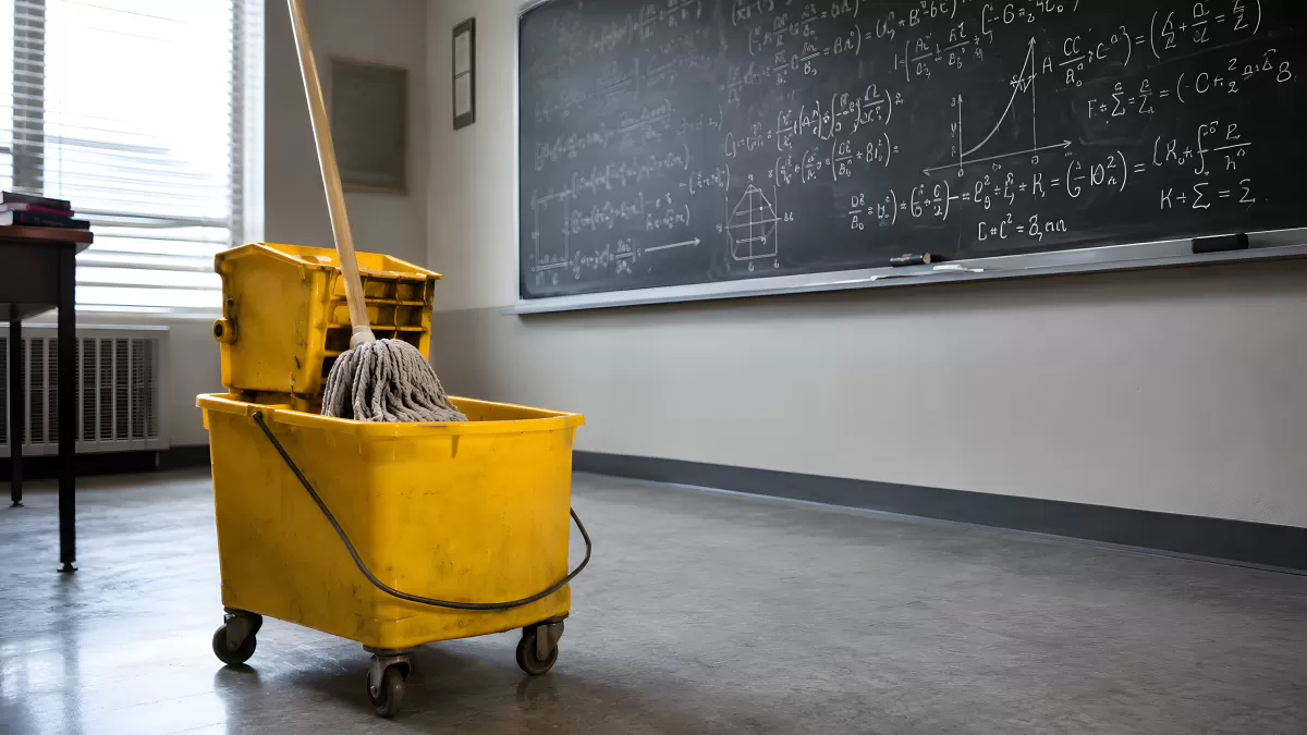 Reinigungswagen mit Mop in leerem Klassenzimmer