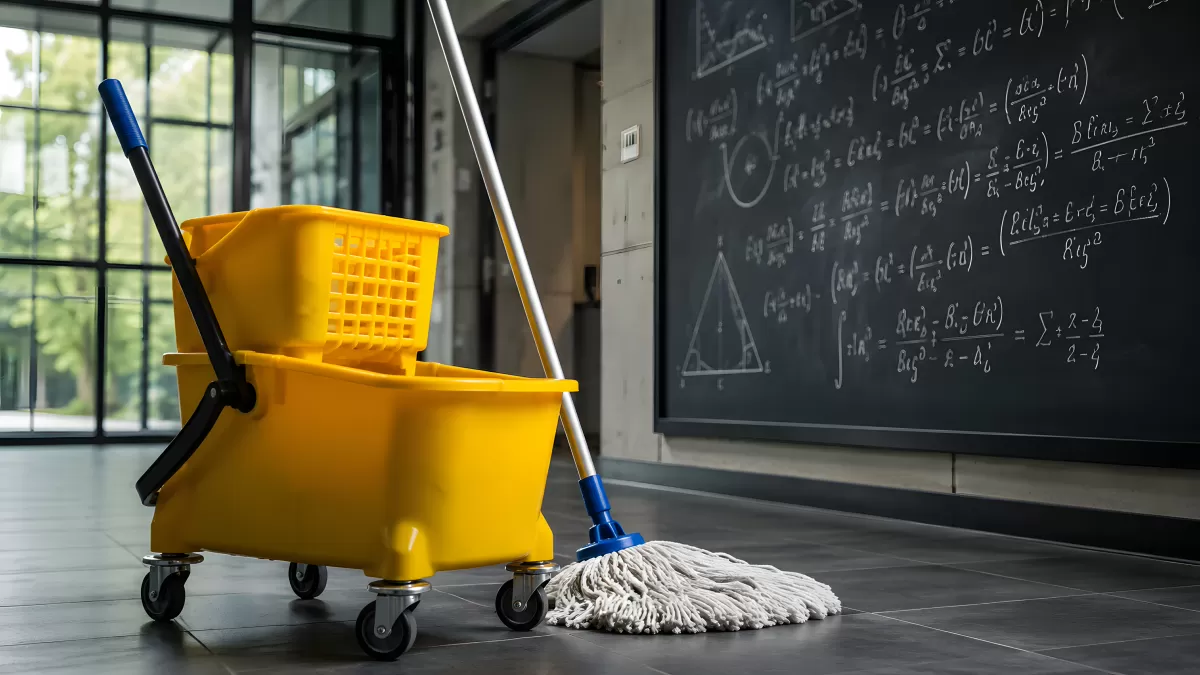 Reinigungswagen mit Mopp vor Schultafel mit Formeln