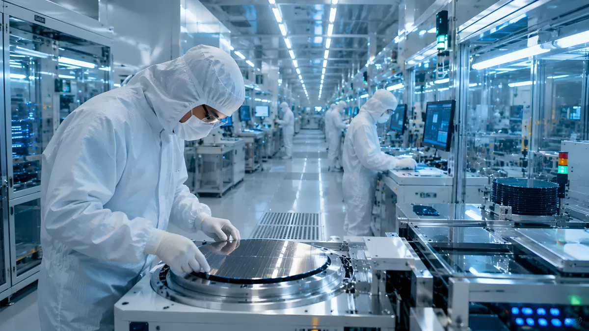 Reinraumtechniker prüft Siliziumwafer in Halbleiterfabrik