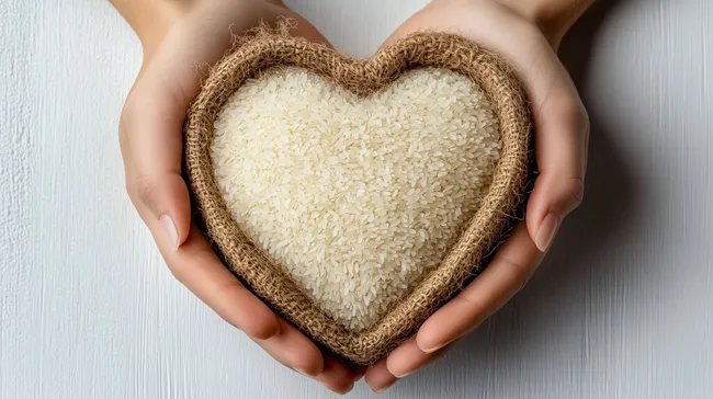 Reis in Herzform, in Hände eingebettet