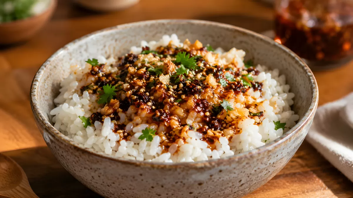 Reis mit Chiliöl, Sesam und frischem Koriander