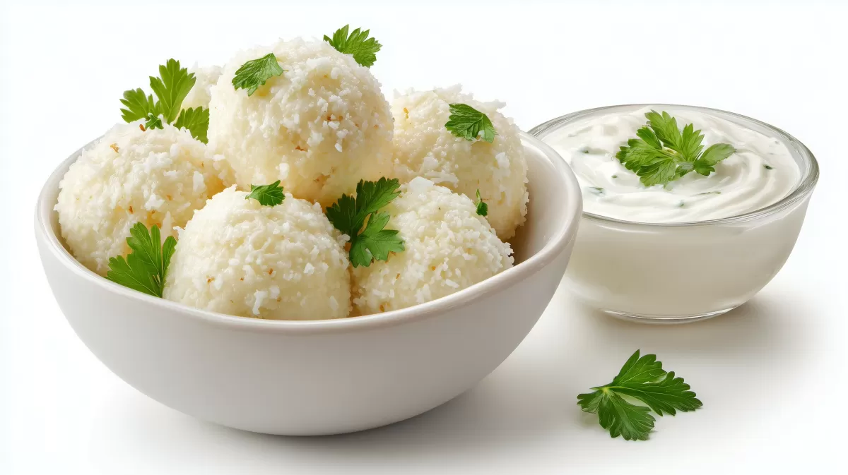 Reisbällchen mit Blumenkohl und Joghurt-Dip