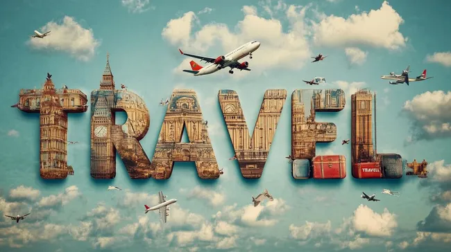 Reise-Komposition mit historischen Bauwerken und Flugzeugen