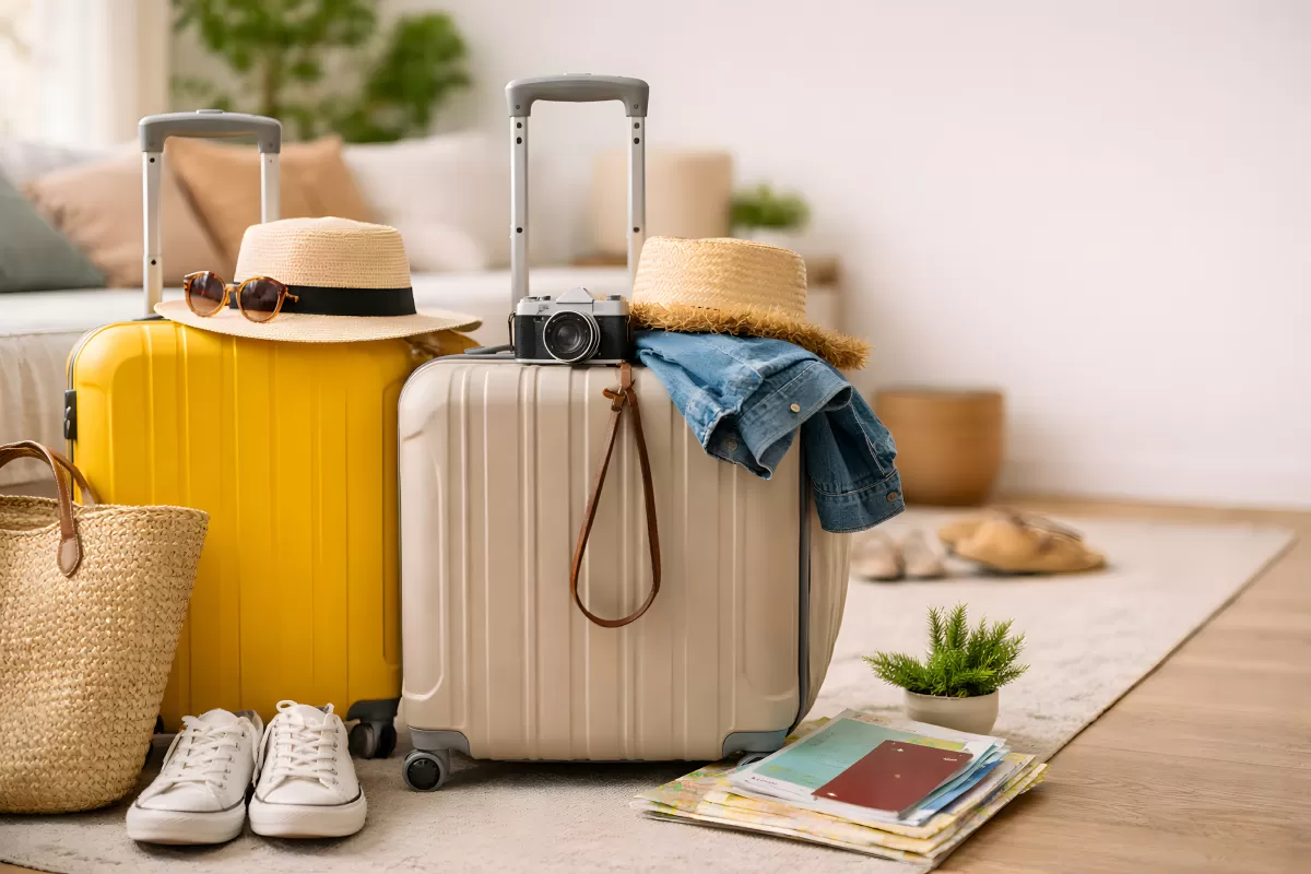 Reisegepäck mit Koffer, Kamera und Reiseutensilien