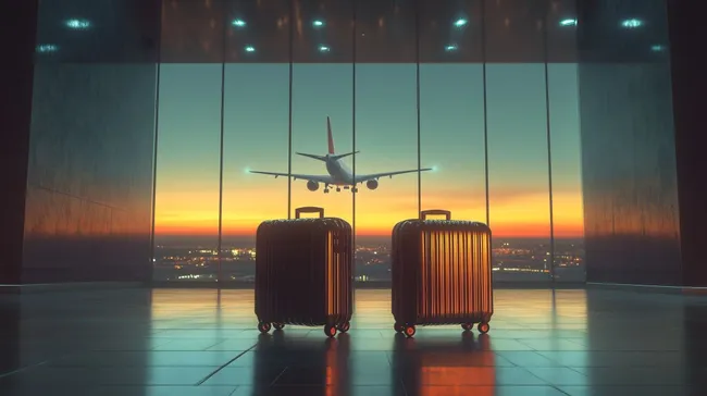 Reisekoffer am Flughafen bei Sonnenuntergang