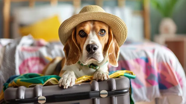Reiselustige Beagle-Fellnase mit Strohhut am Gepäckstück