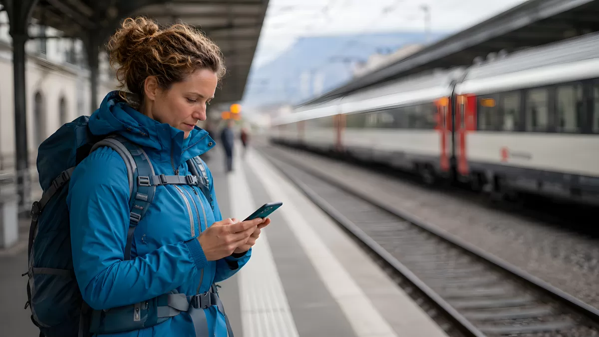 Reisende Frau mit Rucksack am Bahnsteig mit Smartphone