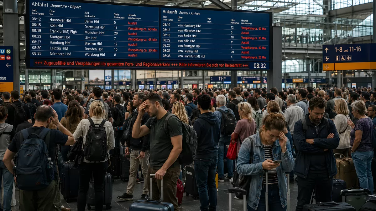 Reisende im Bahnhof bei Zugausfällen und Verspätungen
