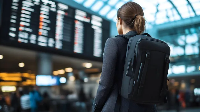 Reisende mit Gepäck am Flughafenabflugschild