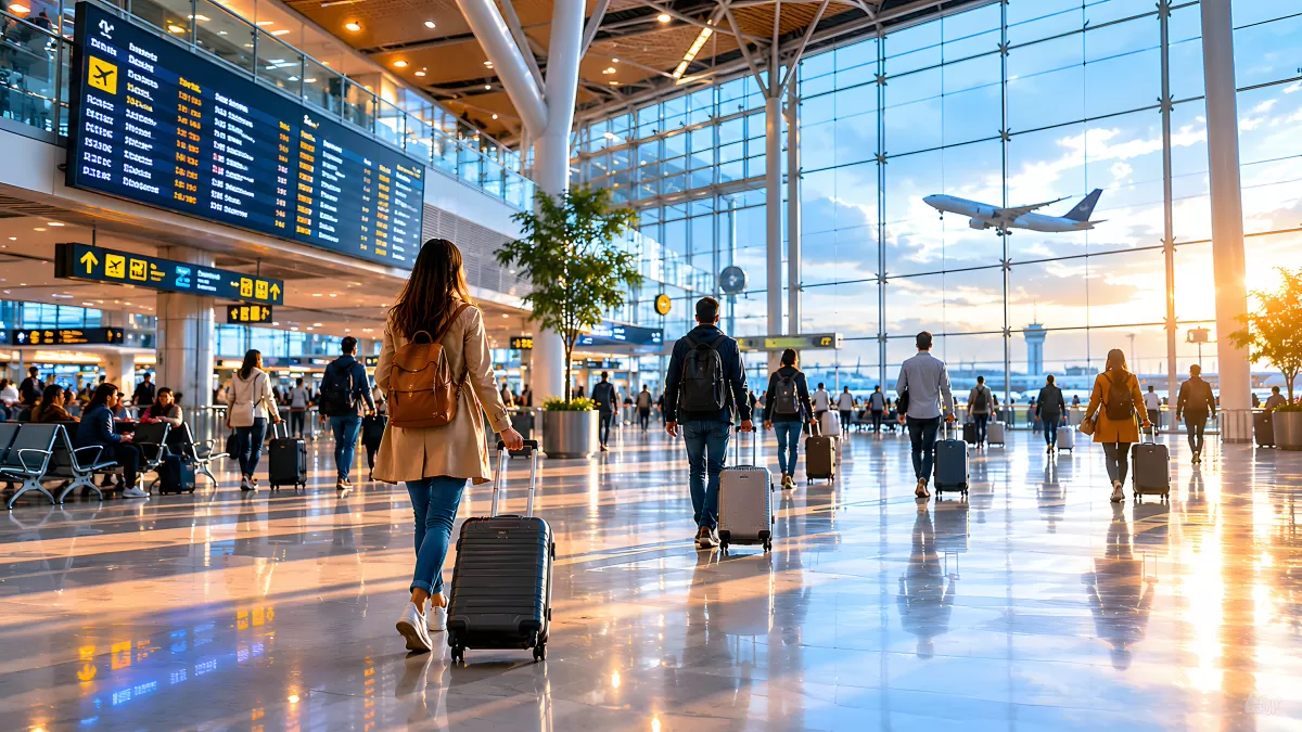 Reisende mit Koffern in modernem Flughafenterminal