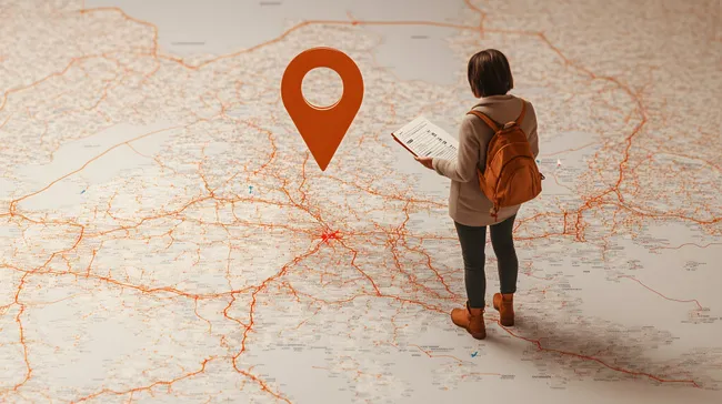 Reisende mit Rucksack erkundet Landkarte für Wegbeschreibung