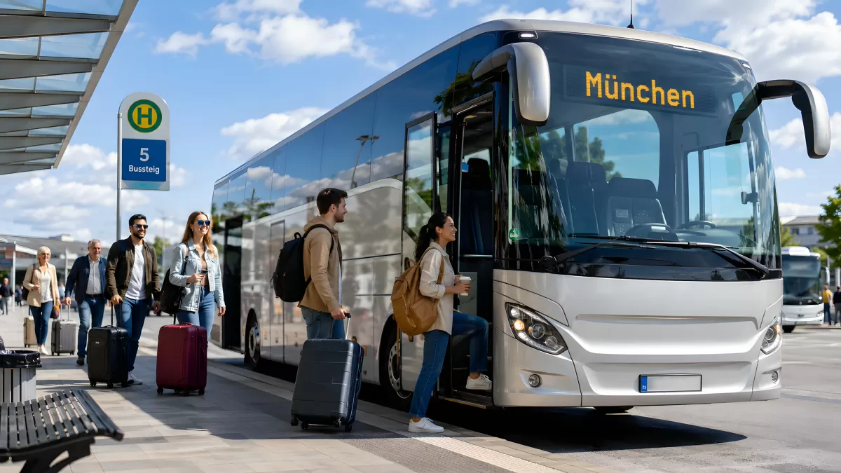 Reisende steigen in München-Bus an Bussteig 5 ein
