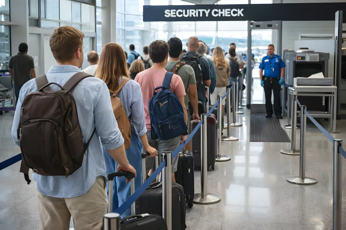 Reisende warten am Sicherheitscheck am Flughafen