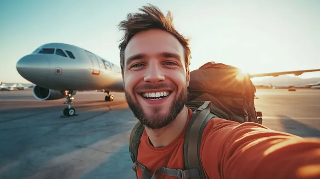 Reisender macht fröhliches Selfie am Flughafen