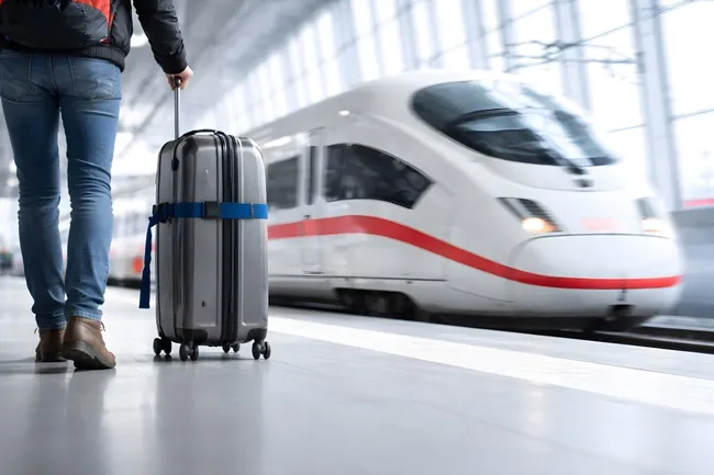 Reisender mit Gepäck am Bahnhof vor Hochgeschwindigkeitszug