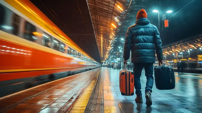 Reisender mit Gepäck wartet auf Zug im Bahnhof