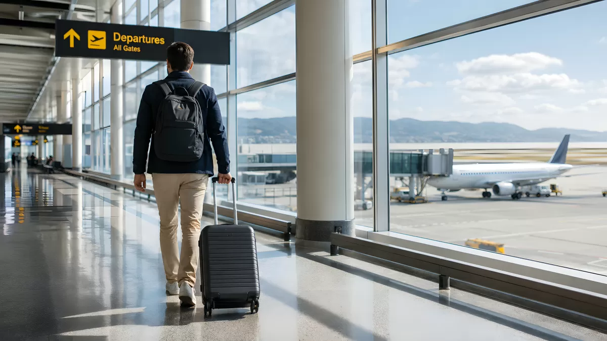 Reisender mit Koffer im Flughafenterminal am Gate