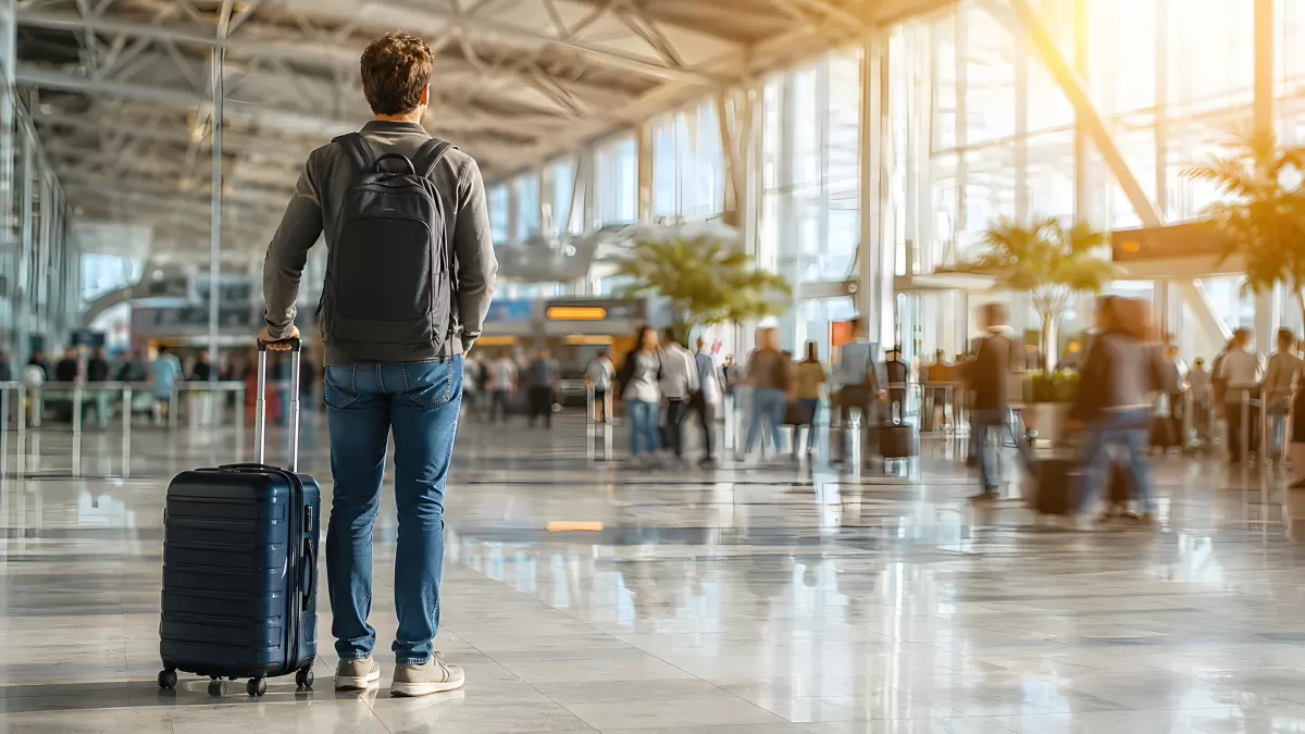 Reisender mit Koffer steht im modernen Flughafen