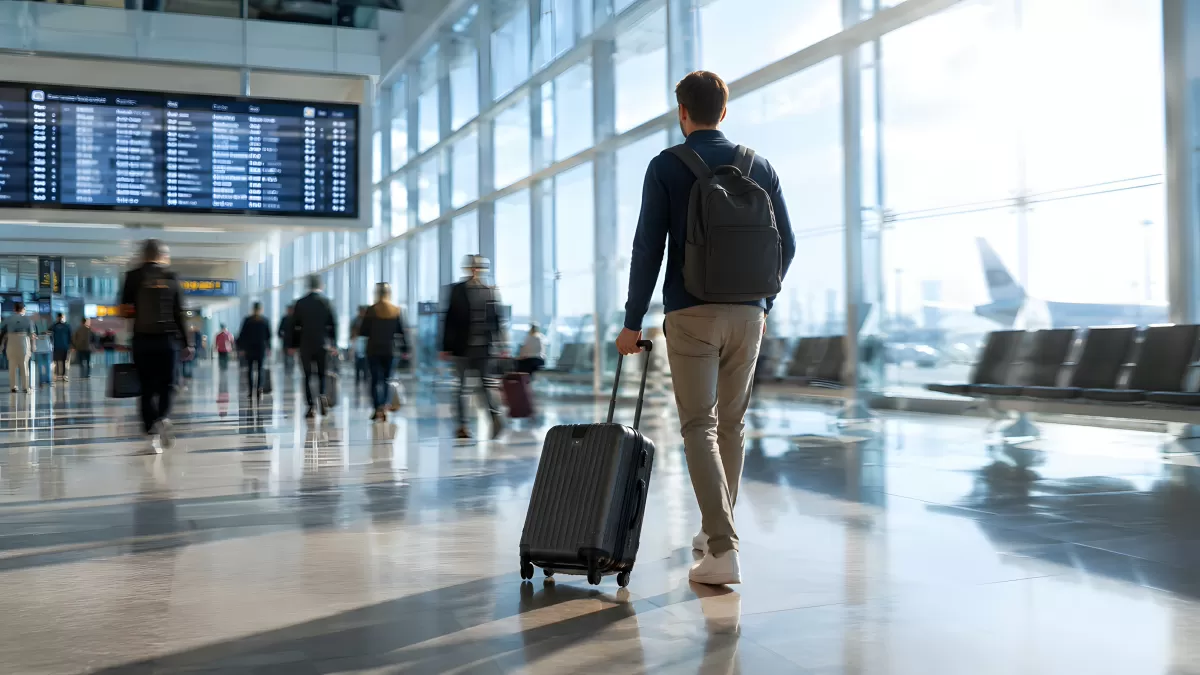 Reisender mit Koffer und Rucksack im Flughafenterminal