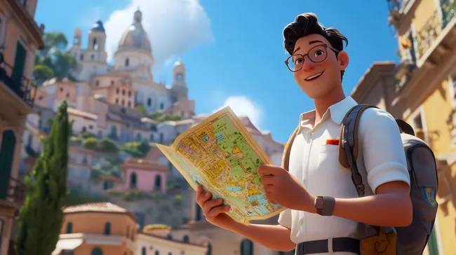 Reisender mit Stadtplan erkundet historischen Stadtkern