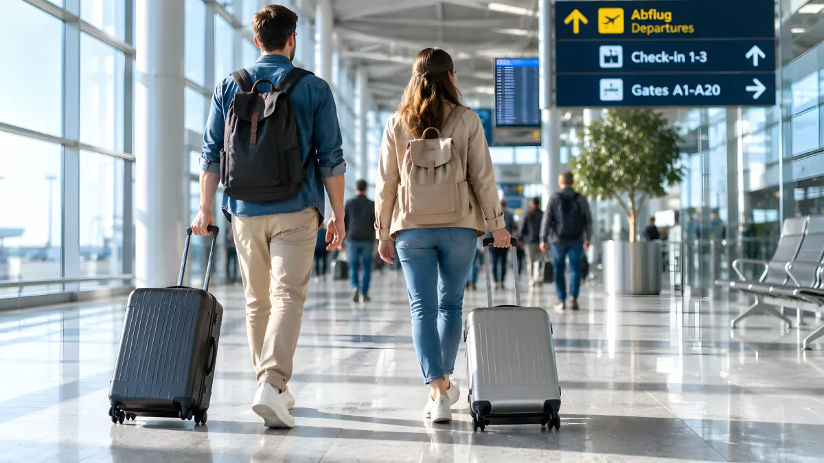 Reisepaar mit Trolleys im modernen Flughafenterminal