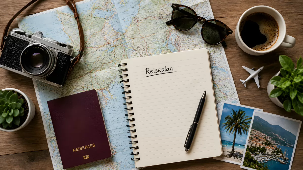 Reiseplanung mit Karte, Kamera und Reisepass von oben