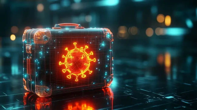 Reiserisikowarnung: Koffer mit Virus-Symbol