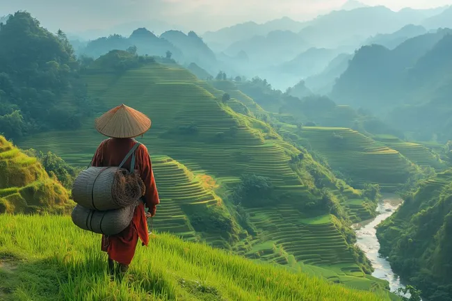 Reisfelder auf Bergen mit traditionell gekleidetem Bauern