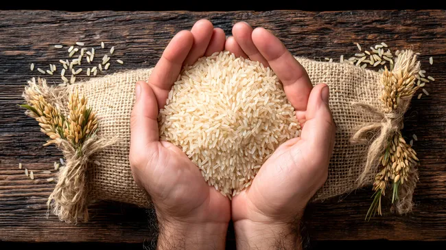 Reiskörner in rustikaler Holzschale