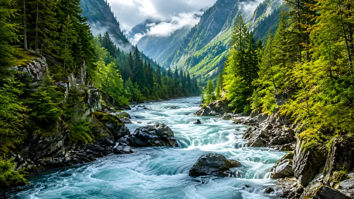 Reißender Gebirgsfluss durch grünes Alpental