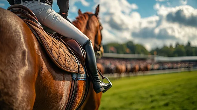 Reiterturnier auf grüner Rennbahn mit Wolkenhimmel