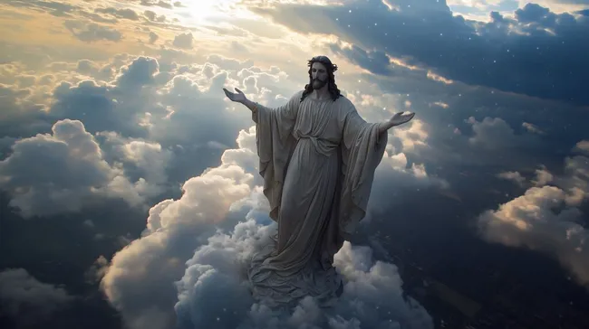 Religiöse Christus-Statue in majestätischer Wolkenlandschaft