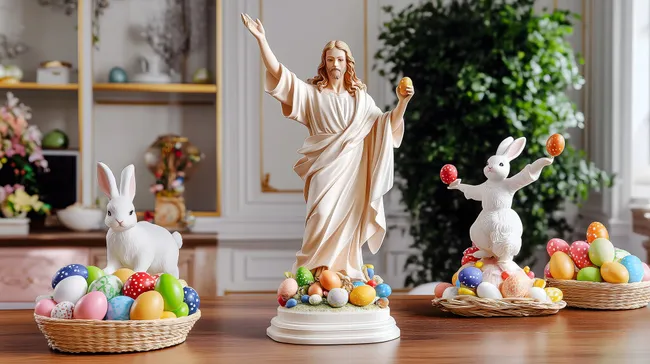 Religiöse Osterdekorationen mit Christusstatue und Osterhasen