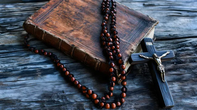 Religiöse Symbole auf rustikalem Holztisch