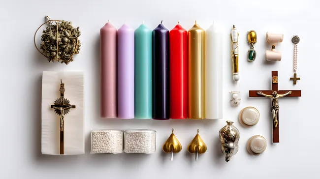 Religiöse Symbole und bunte Kerzen auf weißem Hintergrund