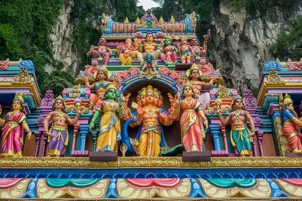 Religiöse bunte Hindu-Statuen am Einganstor zu den Batu Höhlen in Kuala Lumpur