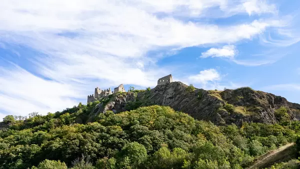 Remainings of Château de Tourbillon castle at the top of the hill in Swiss city Sion
