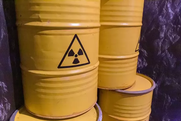 Remake of yellow the radioactive waste barrels from the Netflix series 'Dark' at the Gamescom fair in Cologne, Germany