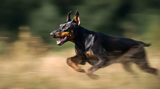 Rennendes, schwarzer Dobermann auf Wiese