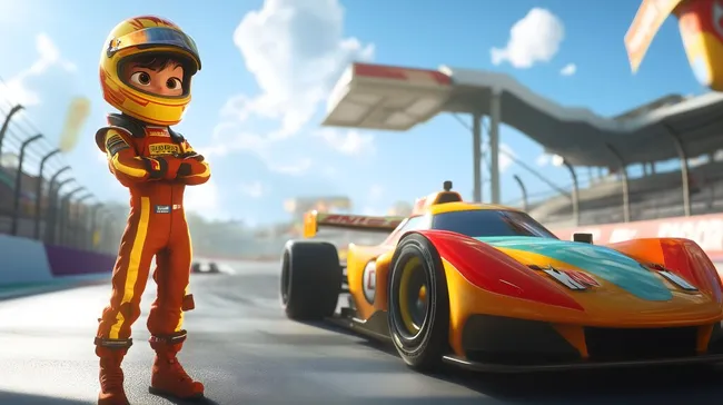 Rennfahrer in Rennanzug neben buntem Rennwagen auf Rennstrecke