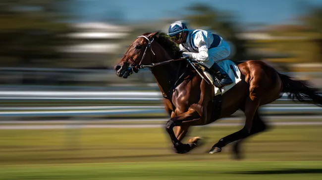 Rennpferd mit Jockey in hoher Geschwindigkeit