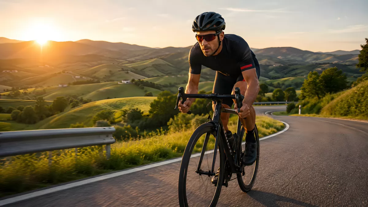 Rennradfahrer auf Bergstraße bei goldenem Sonnenuntergang